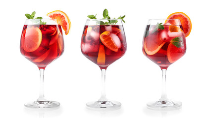 set with glasses of red sangria cocktail on white background