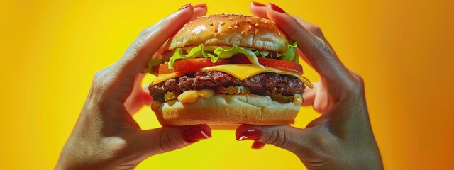 Poster - close-up of burger in hands. Selective focus