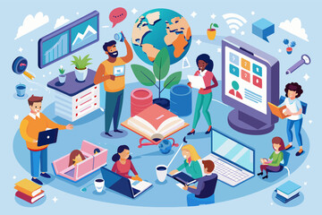 Aufkleber - people are gathered around a laptop and a globe, A group of individuals has congregated around a laptop and a globe.