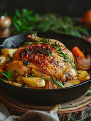 Wall Mural - Roast chicken with potatoes, carrots, and herbs in a skillet.