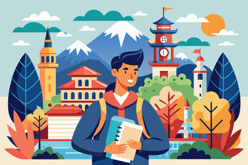 Poster - a man with a backpack and a book in his hand, An individual carrying a backpack and holding a book.