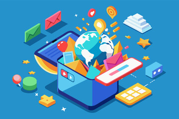 Poster - a smartphone with a globe on it surrounded by icons, the image depicts a globe featured on a smartph