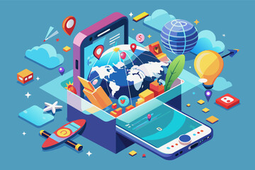 Poster - a smartphone with a globe on it surrounded by icons, the image depicts a globe featured on a smartph