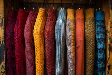 Wall Mural - the colorful sweaters are hanging on the rack by the door