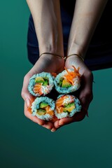 Wall Mural - close up of sushi in hands. Selective focus