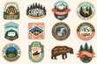 © sivvector - Set of Summer camp quotes patches. Vector. Design with rv trailer, camping tent, forest, bear, deer, mountains, axe and campfire.