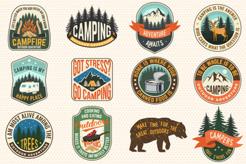 Wall Mural - set of summer camp quotes patches. vector. design with rv trailer, camping tent, forest, bear, deer,