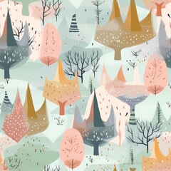 Wall Mural - Seamless geometric watercolor pattern with trees on paper texture. Winter fall forest background
