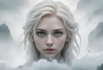 Sticker - a girl with long white hair in clouds and mountains in the background