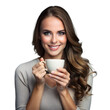 © OKAN - Smiling Woman Holding a White Coffee Cup in a Casual Setting