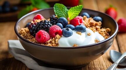Wall Mural - Healthy breakfast bowl with yogurt, granola, and fresh berries