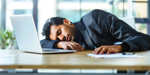 Overworked young business man in suit sleeping on his office table with laptop