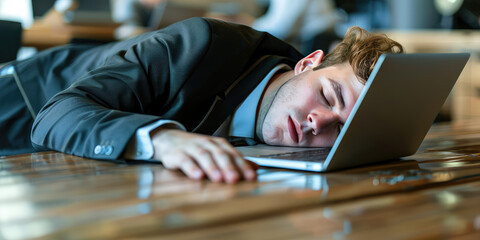 Overworked young business man in suit sleeping on his office table with laptop