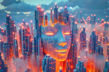 Poster - A futuristic cityscape featuring a face in the middle. Ideal for science fiction concepts