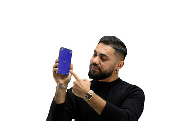 Wall Mural - A man, close-up, on a white background, shows a phone