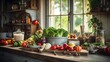 © Gomez - Rustic farmhouse kitchen with vintage decor and fresh produce on the counter