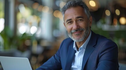 Poster - Portrait of a smiling businessman working with a laptop 