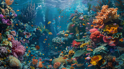 Wall Mural - many colorful fish swimming around the reef
