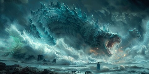 Wall Mural - Mythical Confrontation: Heroic Fight in Turbulent Waters, generative ai