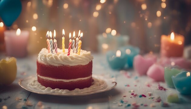 A birthday cake with candles, five lit candles in total on top near the frosted layered part of the cake. Colorful and appetizing appearance.