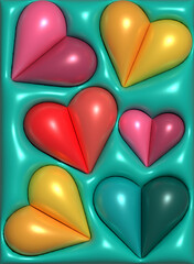 Aufkleber - Multi-colored volumetric hearts on a green background, 3D rendering illustration
