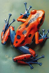 Wall Mural - A vibrant red and blue frog sitting on a table. Perfect for nature and animal themes