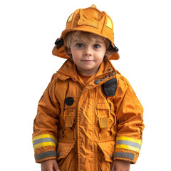 Wall Mural - A boy wearing a firefighter costume, isolated from the background, cut out from its surroundings. Concept of imaginative role play. Generative Ai.