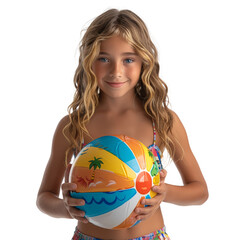 Sticker - A girl with a beach ball, detached from the background, completely background-free. Concept of summer fun. Generative Ai.