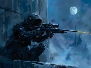 Wall Mural - Elite Covert Operative Aims Tactical Rifle at Nighttime Urban Battlefield