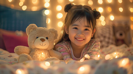 cute Asian girl with a teddy bear, smiling kid, joyful