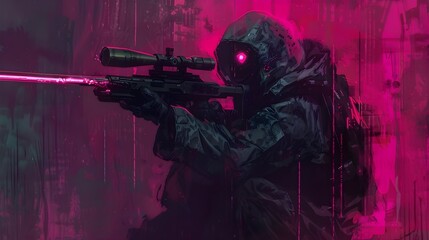 Canvas Print - Heavily Armed Covert Operator Wielding Rifle in Darkened Tactical Environment