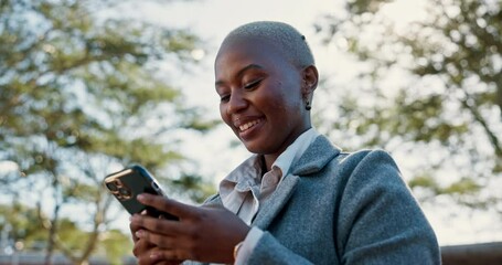 Poster - African woman, outdoor and smile on smartphone, typing or social media in London with laugh, message or update. Female person, professional and technology in UK for communication, contact or meme
