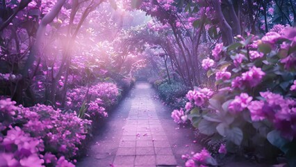 Wall Mural - a pathway through a mysterious garden lined with plants and flowers glowing with a violet light.