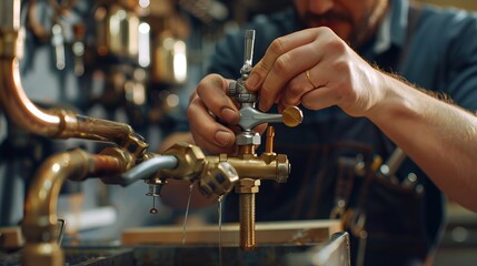 A master plumber using an adjustable wrench to connect brass fittings to a faucet, with a close-up view of the hands at work in a workshop