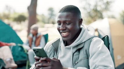 Poster - Camping, phone and black man by tent with friends for holiday, vacation and adventure outdoors. Travel, campsite and person on smartphone for social media to relax in countryside, nature and forest