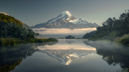 Wall Mural - A mountain range is reflected in the water of a lake