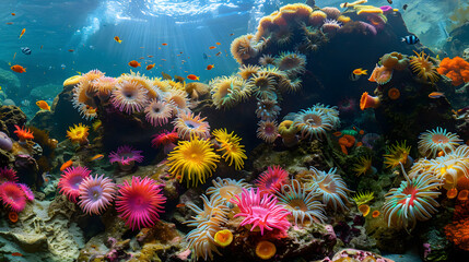 Wall Mural - A colorful coral reef with many fish swimming around it