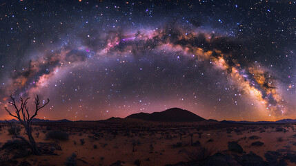 Wall Mural - A large, glowing arc of the Milky Way stretches across the sky