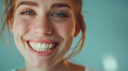 Wall Mural - closeup of smile with white healthy teeth, young woman, dental clinic advertisement