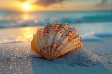 Poster - A solitary seashell resting on soft sand, evoking a sense of serenity and tranquility. Concept of beach relaxation and coastal beauty. Generative Ai.