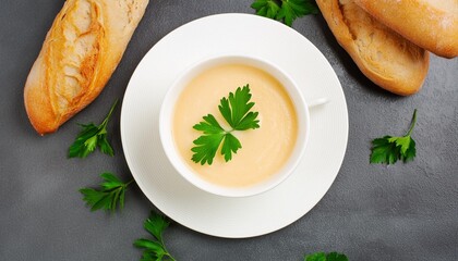 Sticker - mashed soup with greens in white plate