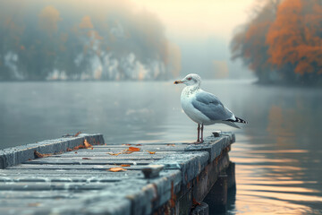 Poster - A solitary seagull perched on a weathered dock, observing the ebb and flow of the tide. Concept of coastal living and maritime solitude. Generative Ai.