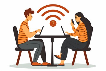 Sticker - Illustration of people connected to a large Wi Fi signal, representing the widespread use of wireless technology in community settings