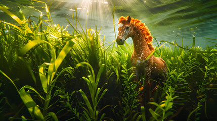 Wall Mural - A unicorn is swimming in a green sea of plants