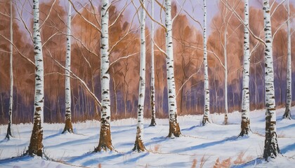 Sticker - colorful oil painting of winter forest with birches luxury wall art