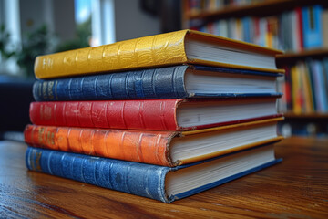 Poster - A stack of textbooks neatly arranged on a desk, now closed for the final time, symbolizing the completion of studies. Concept of academic closure and bookish endeavors. Generative Ai.