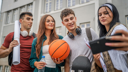 Poster - group of teenage students self portrait selfie of gen z sit in campus