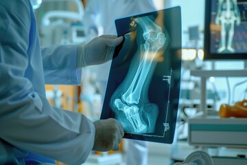 Poster - Person holding a tablet with a medical x-ray image, suitable for healthcare concepts