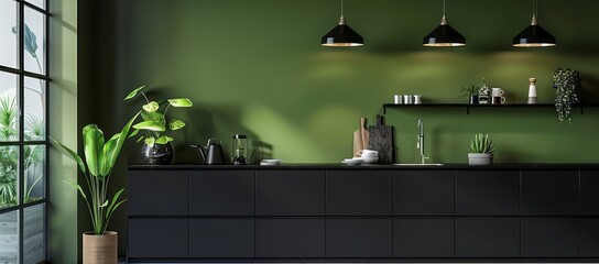 Modern black and green kitchen interior with black cabinets