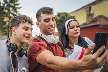 Wall Mural - group of teenage students self portrait selfie of gen z sit in campus